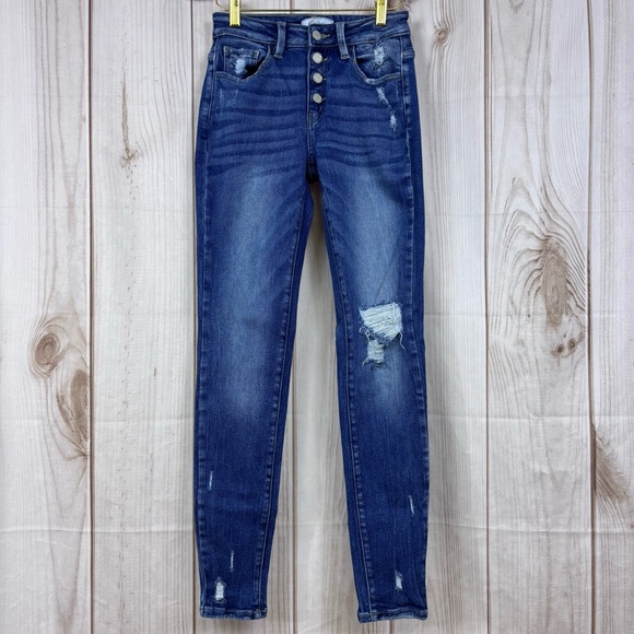KanCan Denim - KanCan Signature Kurvy Mid-Rise Skinny Jeans Distressed Trendy Denim Blue Sz 24